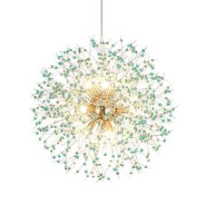 a chandelier with green beads hanging from it's center and white background