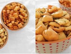 three different bowls filled with food on top of a table