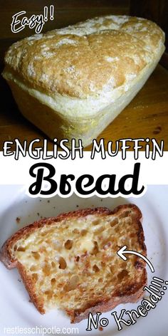 english muffin bread on a white plate with the words easy and no knead