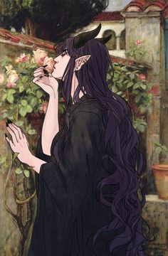 a painting of a woman with long black hair and horns on her head holding a flower