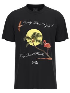 a black t - shirt with an image of a flamingo and palm trees