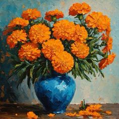 a painting of orange flowers in a blue vase