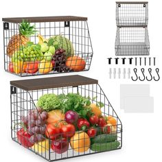 two metal baskets filled with assorted fruits and vegetables next to each other on white background