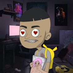 a cartoon character holding a heart shaped object in his hand and looking at the camera