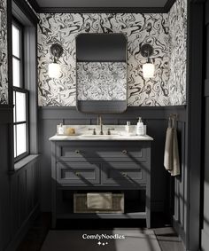 a black and white bathroom with two sinks