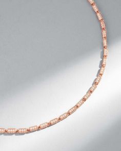 Crafted with 18-karat gold, this block-chain necklace presents a symphony of four-sided links set with pave white diamonds. The medium, block-chains add a contemporary edge to the timeless design making it perfect for casual or evening wear. Details 18k yellow gold, rose gold or white gold 7.62 carats of pave white diamonds on 18" necklace 18" is adjustable at 15 and 16" inches 10.50 carats of pave white diamonds on 24" necklace 24" is adjustable at 22" inches, standard length for men 2.8mm link Rose Gold Diamond Necklace With Chain, Luxury Rose Gold Link Necklace, Luxury Link Necklace With Single Cut Diamonds, Rose Gold Necklace With Rectangular Links Chain, Luxury Rose Gold Diamond Necklace With Baguette Diamonds, Luxury Rose Gold Necklace With Rectangular Links, Luxury Necklace With Box Chain And Rectangular Links, Block Chain, White Rose Gold