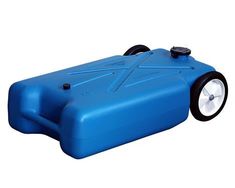 a blue plastic container with wheels on the front and side, sitting on top of a white background