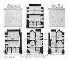 four different views of an old castle and its surrounding walls, including the second floor