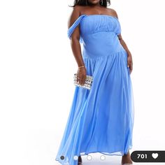 Never Worn Blue Maxi Dress. Great For Wedding Guest, Rehearsal Dinner Or Summer Event. Off-shoulder Blue Maxi Dress For Day Out, Blue Ruched Off-shoulder Maxi Dress, Asos Curve, Summer Events, Cornflower Blue, Maxi Dress Blue, Drop Waist, Rehearsal Dinners, Off The Shoulder