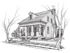 a drawing of a house with trees in the front yard