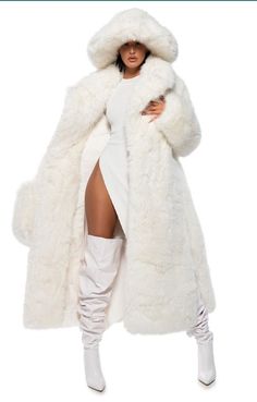 Long Sleeve Faux Fur Coat With Faux Fur Trim, Long Sleeve Fur Coat With Faux Fur Lining, Long Sleeve Fur Coat With Faux Fur Trim, Long-sleeved Faux Fur Coat With Fur Trim, Winter White Faux Fur Coat, Winter White Faux Fur Coat For Cold Weather, Winter White Long Outerwear For Winter, Winter White Long Outerwear, Long Winter White Outerwear