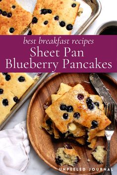 blueberry pancakes on a plate with a fork and pan in the background, text overlay reads best breakfast recipes sheet pan blueberry pancakes