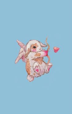 a painting of a bunny with a bow and arrow in it's mouth flying through the air