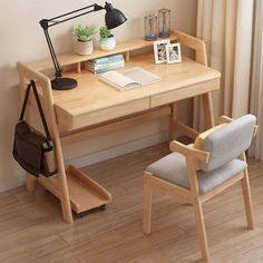 a desk with a chair, lamp and books on it