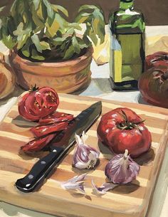 a painting of tomatoes and garlic on a cutting board