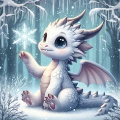 a white dragon sitting in the snow with icicles on it's head and wings