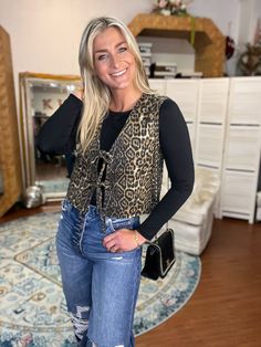 Leopard Print Tie Front Structured Denim Vest 100% Cotton Fur Vest Outfit Ideas, Fur Vest Outfit, Tie Front Vest, Vest Outfit Ideas, Fur Vest Outfits, Beauty Gift Card, Vest Outfit, Printed Ties, Fur Vest