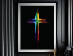 a cross on a black background in a living room