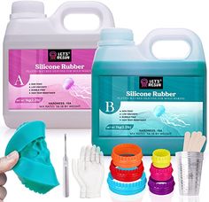 a person holding a bottle and gloves next to some cleaning products on a white background