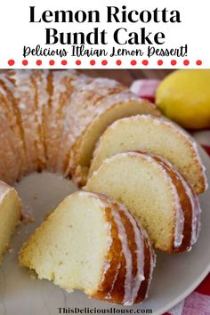 lemon ricotta bundt cake on a white plate