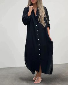 Casual Collar Button Pocket Long Sleeve Shirt Dress Casual Long Sleeve Shift Shirt Dress, Solid Color Button-up Shirt Dress For Beach, Button-up Solid Color Shirt Dress For Beach, Button-up Shirt Dress In Solid Color For Beach, Button-up Shirt Dress With Pockets For Beach, Beach Button-up Shirt Dress With Pockets, Button-up Shirt Dress For Beach In Solid Color, Solid Color Beach Shirt Dress With Button Closure, Beach Shirt Dress With Button Closure