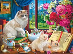 two cats sitting next to each other in front of a window with flowers and teapots