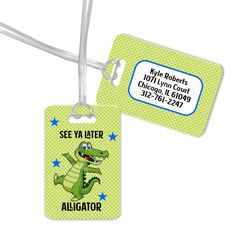 two luggage tags with an alligator on them