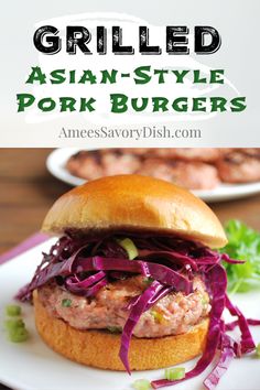 These grilled Asian-style pork burgers are juicy and flavorful made with ground pork, garlic, ginger, sesame oil, green onions, and spices topped with a simple red cabbage slaw. #grillrecipes #burgers #porkburgers #asianrecipes Pork Burgers Recipes, Soup And Salad Combo, Red Cabbage Slaw, Asian Pork, Chicken Patties, Cabbage Slaw, Food Favorites, Fun Easy Recipes