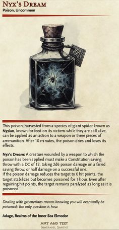 Campaign Guide Elmodor - Items - Nyx's Dream - Uncommon - Poison Eye Dnd Item, Dnd Armour Items, Free Dnd Campaigns, Dnd Necromancer Items, Dnd Alchemist Items, Dnd Common Magic Items, Dnd 5e Magic Items Homebrew, Dnd Potion Bottles, Dnd Caravan