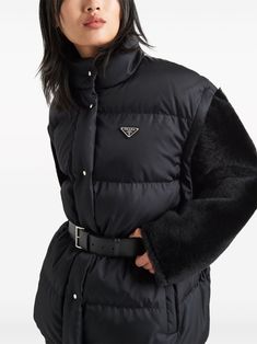 Prada detachable-sleeve Belted Puffer Jacket - Farfetch Ring Collar, Long Puffer Jacket, Long Puffer, Triangle Logo, Black Feathers, Long Sleeves Jacket, Workout Jacket, Outerwear Women, Welt Pockets