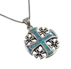 This beautiful 925 Sterling Silver Jerusalem cross pendant adorned with energetic Blue Opal. Is intended to give a protection, deep energy cleaning, bringing healing and positive transformation to the wearer. Authentic handcrafted piece provided directly from the Holy Land. Handmade with the finest Blue Sterling Silver Cross Necklace Gift, Blue Crucifix Necklace For Spiritual Wear, Blue Sterling Silver Crucifix Jewelry, Blue Sterling Silver Cross Pendant Necklace, Spiritual Blue Cross Pendant Necklace, Blue Gemstone Cross-shaped Jewelry, Nickel-free Cross Pendant Spiritual Jewelry, Catholic Jewelry, Cross Jewelry