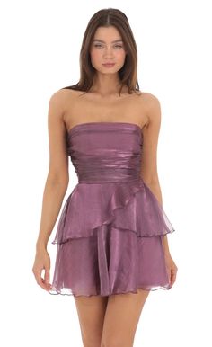 Petal Ruffle Strapless Dress in Purple | LUCY IN THE SKY Purple Hoco Dress, Jumpsuit Outfit Ideas, Ropa Upcycling, Strapless Ruffle Dress, School Dance Dresses, Cute Homecoming Dresses, Prom Dress Inspiration, Cute Prom Dresses, Grad Dresses