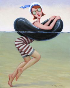 a painting of a woman floating on an inflatable object