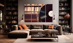 a living room filled with furniture and bookshelves