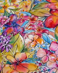 an artistic painting with flowers and leaves on it's surface, in bright colors