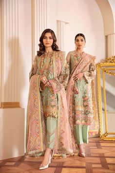 Baroque Eid Dress with Embroidery emblazoned with thread embroidery in Pretty design. Chiffon dresses are available online at this store. You can wear these chiffon dresses on Party, Wedding and Eid events. Shirt: Shirt in light green color is embellished with thread and net embroidered front, back , side and center panels. Front and back is also designed with embroidered patch. Trouser: Dyed silk trouser in green color is added with this dress for party or wedding and looking so beautiful. Dupa Summer Clothes Collection, Pakistani Dresses Online, Miroslava Duma, Pakistani Designer Suits, Timeless Outfits, Eid Dresses, Chiffon Collection, Maria B, Kendall Jenner Outfits