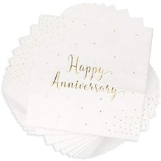 happy anniversary napkins with gold foil lettering on white paper, set of 20 pieces