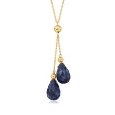 Ross-Simons - 10.00ct t. w. Sapphire Double-Drop Necklace in 14kt Yellow Gold. 18". We love a simple design that still makes a statement! Our double-drop necklace features a pair of 10.00 ct. t. w. pear-shaped sapphire briolette gems that suspend from a classic 14kt yellow gold rope chain. Springring clasp, sapphire double-drop necklace. Sapphire birthstones are the perfect gift for September birthdays. Formal Teardrop Pendant Jewelry With Faceted Details, Formal Faceted Teardrop Pendant Jewelry, Formal Dangle Drop Necklace In Fine Jewelry Style, Formal Drop Dangle Necklace In Fine Jewelry Style, Formal Fine Jewelry Dangle Drop Necklace, Yellow Gold Drop Gemstone Necklace, Formal Teardrop Pendant Necklace With Faceted Detail, Formal Faceted Teardrop Pendant Necklace, Formal Briolette Necklace With Polished Finish