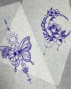 two sheets with designs on them sitting next to each other, one has a butterfly and the other has a flower