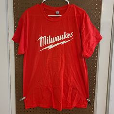 Milwaukee Tools T-Shirt Mens Sz Lg Shirt Is New Never Worn Price Is Firm Lowball Offers Will Be Ignored And Or Declined Or Blocked Please Use Photos As Descriptions Red Cotton Tops With Letter Print, Red Graphic Tee Shirt With Crew Neck, Red Cotton Tops With Text Print, Red Cotton Top With Text Print, Red Graphic Print Top For Fan Merchandise, Red Cotton Top With Letter Print, Red Tops With Letter Print For Fan Merchandise, Red Tops With Letter Print For Fans, Red Tops With Logo Print For Fan Merchandise