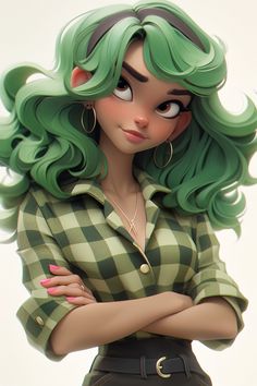 a cartoon girl with green hair and glasses on her head, wearing a checkered shirt