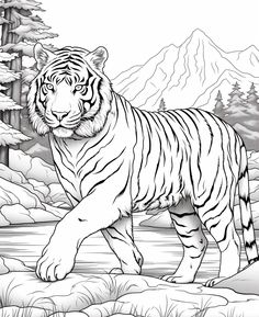 a tiger is standing in the snow near some trees and rocks, with mountains in the background