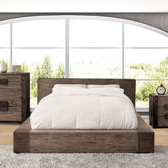 Janiero Rustic Bed in Natural Tone. A low-profile head and base design with natural wood grain patterns creates a comfortable appeal. California King Size Bed, Eastern King Bed, Rustic Nightstand, Contemporary Bedroom Furniture, Adjustable Bed Frame, Queen Panel Beds, Bedrooms Decor, Queen Platform Bed, Rustic Bedding