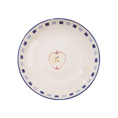 an apple shaped bowl with blue and white stripes on the rim, in front of a white background