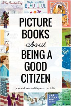 the words picture books about being a good citizen in front of an image of children's pictures