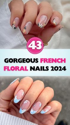 Floral French Manicure, Gel Nail Flower Designs, French Nails With Nail Art, French Nails Design 2024, French Floral Nails, French Nail With Flower, Floral French Nails, French Manicure With Flowers, Floral French Tip Nails