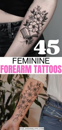 the arm tattoo is shown with flowers and books on it, as well as text that reads