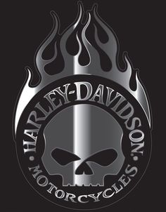 the logo for harley davidson motor cycles, which has a skull on it and flames in the background