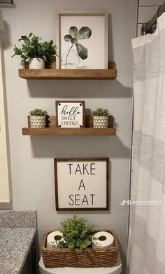 a toilet with two shelves above it and some plants on the top of each shelf