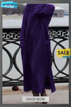 Solid Solid Color O Neck Long Sleeve Dresses Fall Shift Dress With Pockets, Non-stretch Fall Dresses With Pockets, Non-stretch Dresses With Pockets For Fall, Casual Purple Midi Dress For Fall, Purple Long Sleeve Dress For Winter, Purple Long Sleeve Midi Dress For Fall, Purple Knee-length Winter Dress, Solid Dresses With Pockets For Fall, Solid Color Shift Midi Dress For Fall